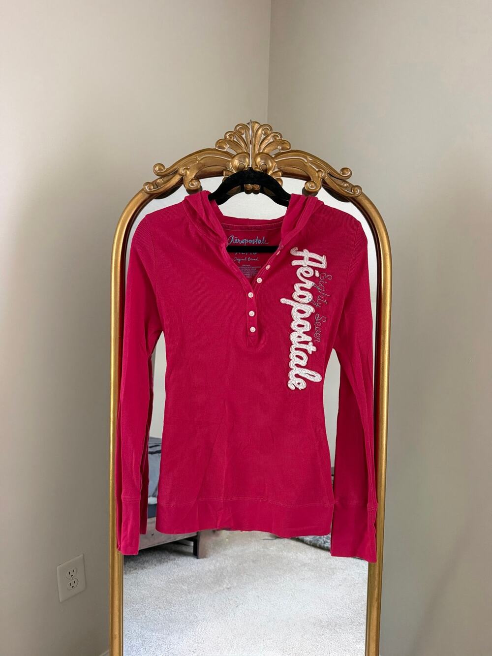 Vintage Y2K Aeropostale Button Henley Spellout Thermal Hooded Hoodie Shirt Top